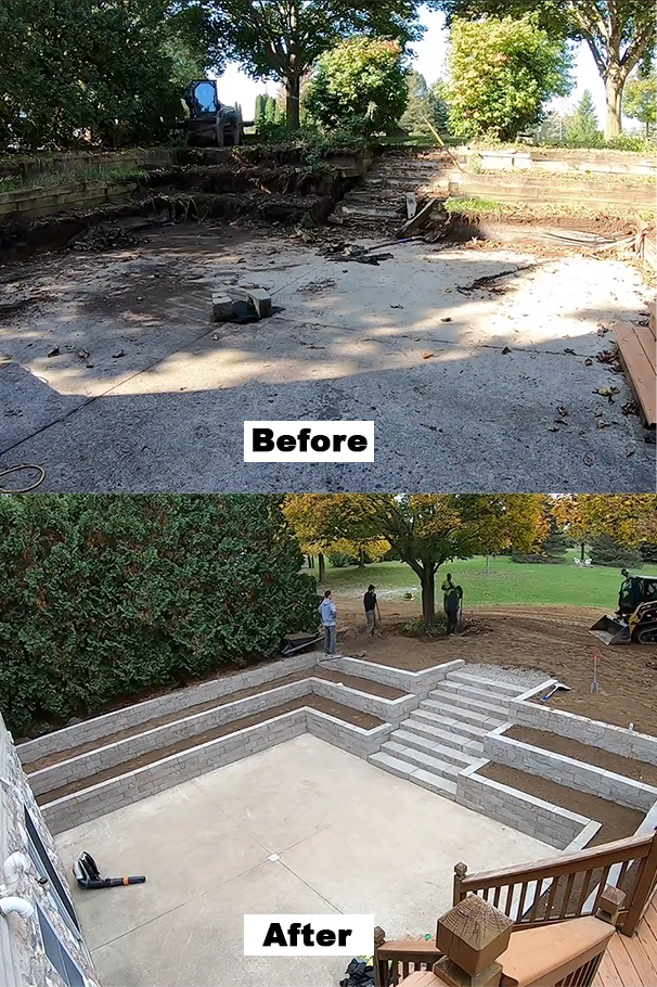 Before and after retaining wall replacement in Cincinnati showing failing timber wall replaced with engineered block system and stairs
