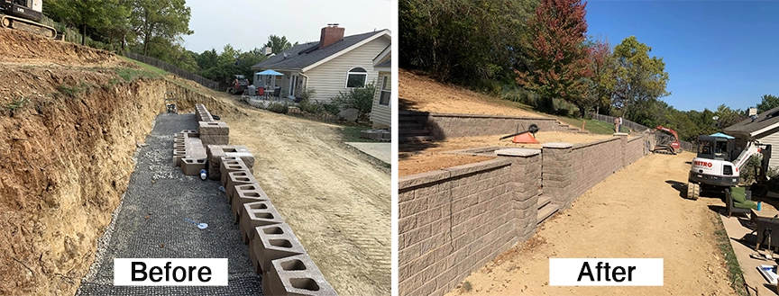 Before and after new retaining wall construction in Cincinnati showing slope transformation and structural wall installation