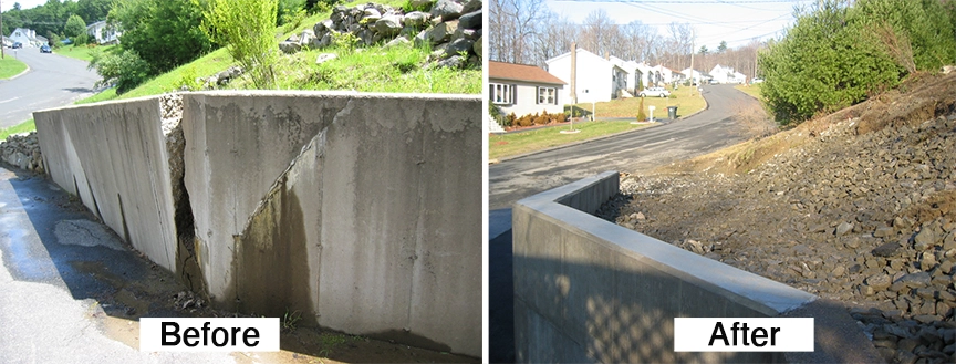 Before and after retaining wall drainage installation in Cincinnati showing water issue correction