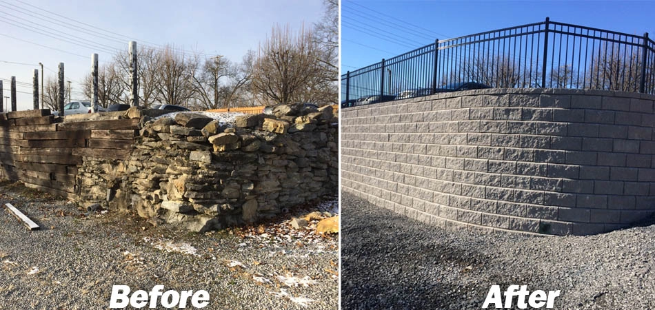 Before and after retaining wall replacement in Cincinnati showing failing timber wall replaced with engineered block retaining wall